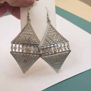 Silver tone double pyramid attached with clear rhinestones, large dangle earring